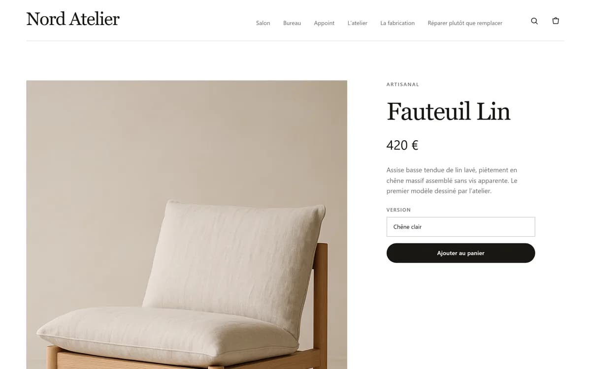 Fiche produit Nord Atelier utilisant des visuels générés par StoreDrop